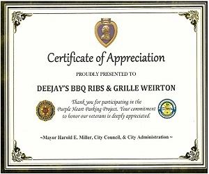 Purple Heart Certificate DeeJays BBQ 2024
