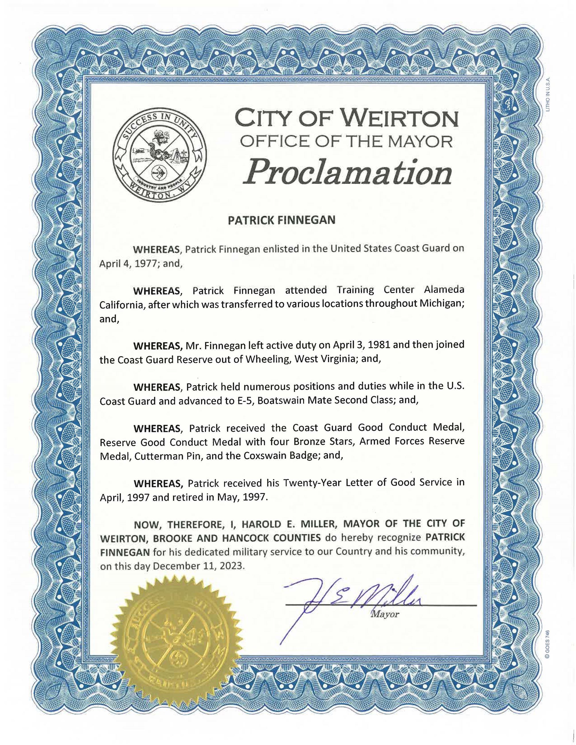Patrick Finnegan Veteran Proclamation 2023