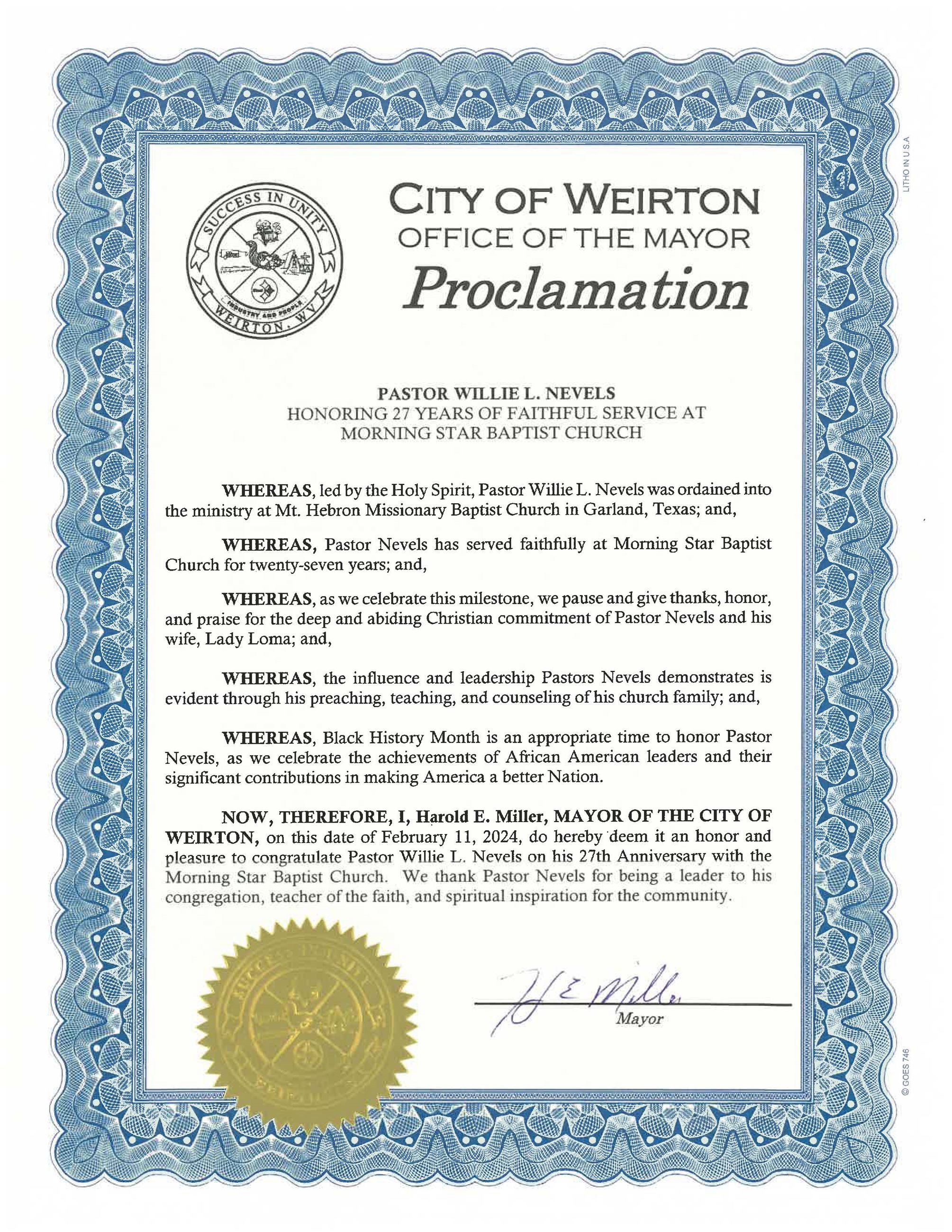 Pastor Willie Nevels Proclamation 2024