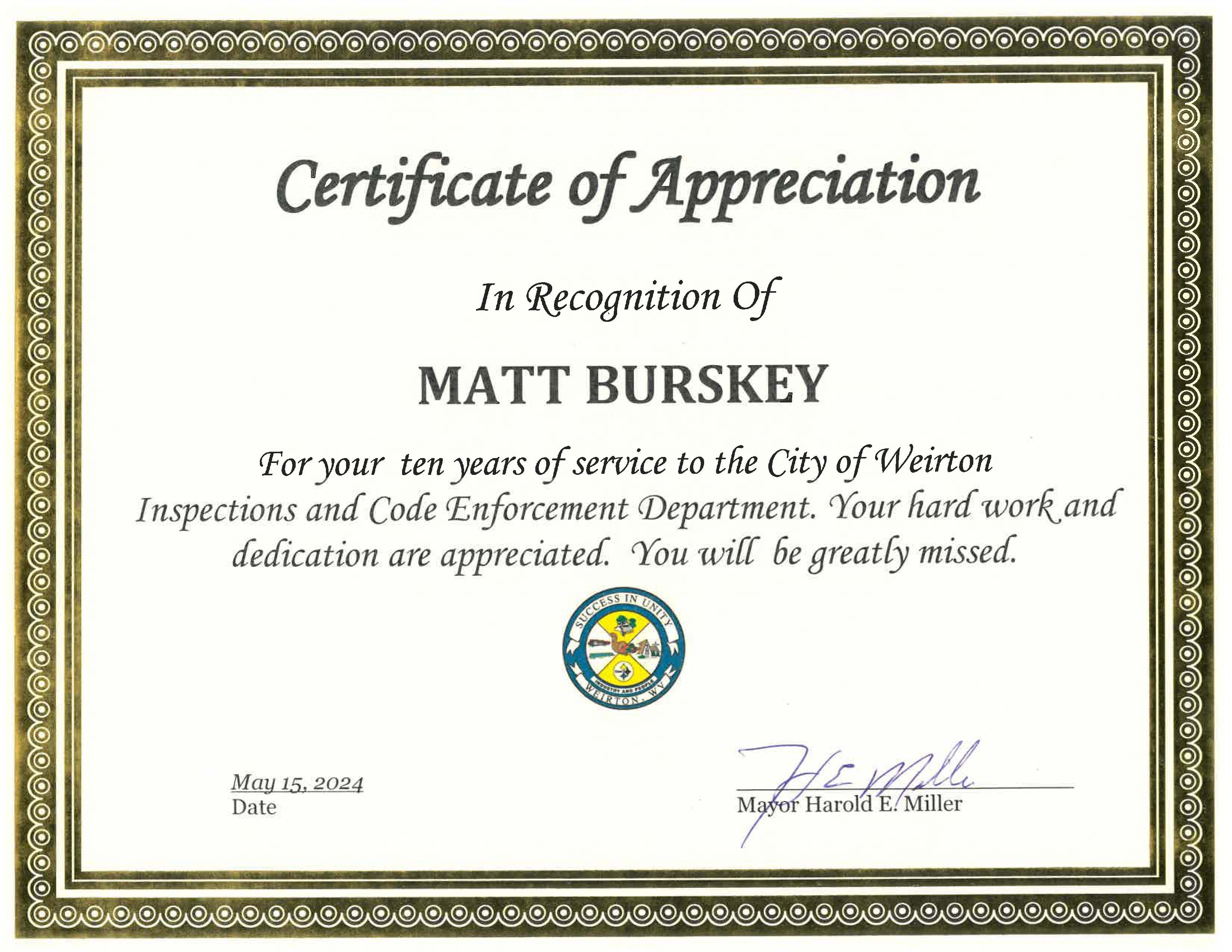 Certificate Matt Burskey Retirement 2024