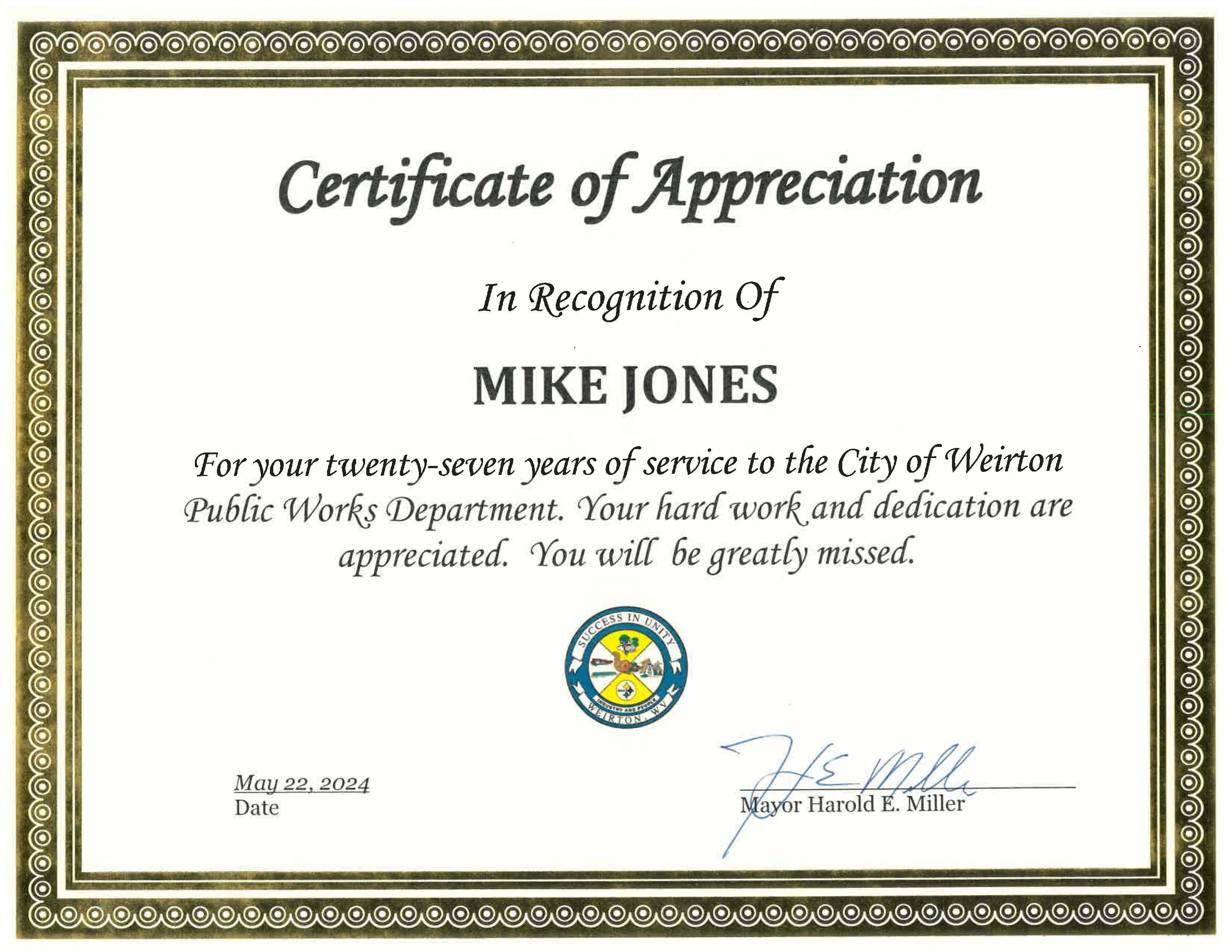 Certificate Mike Jones Retirement 2024