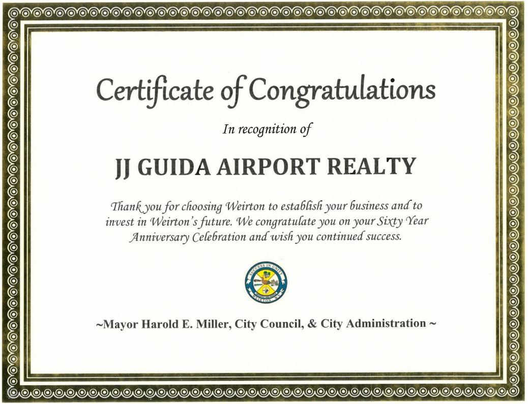 Certificate JJ Guida 60 Year Anniversary