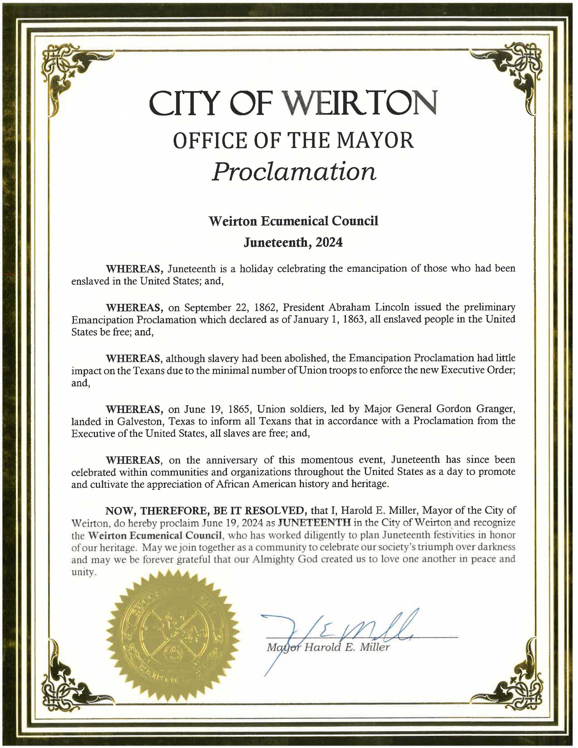 Weirton Ecumenical Council Juneteenth Proclamation 2024