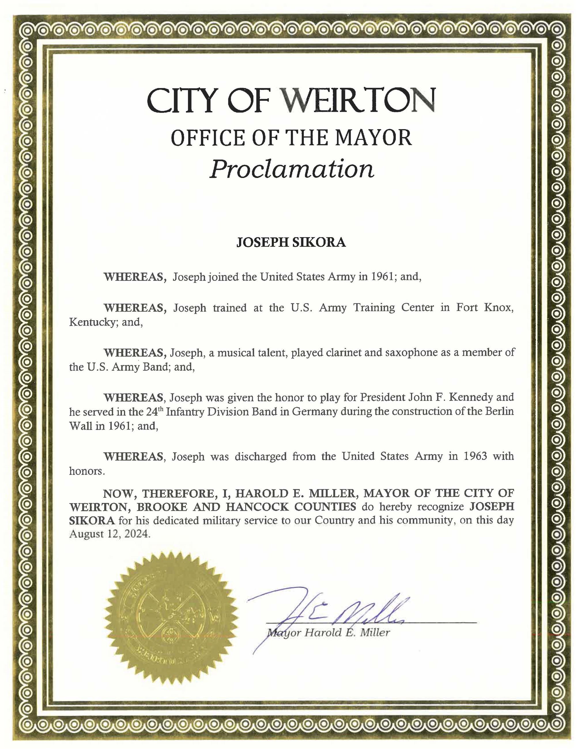 Veteran Proclamation Joseph Sikora