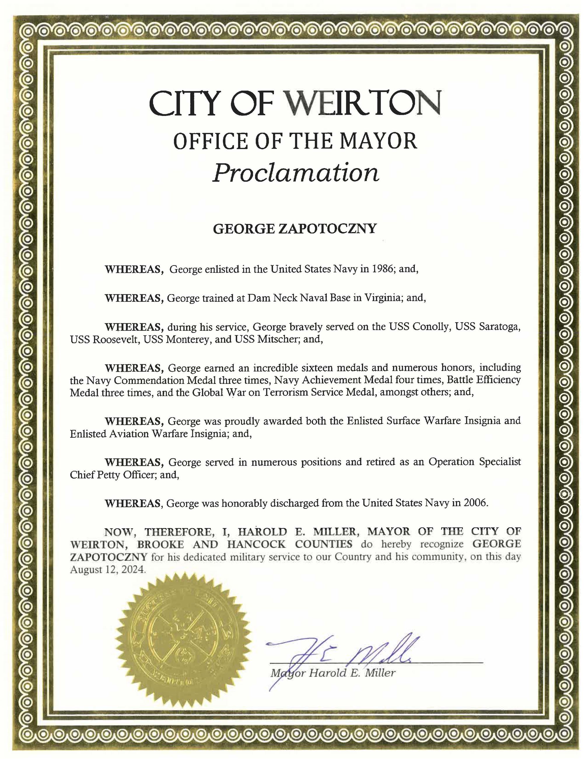 Veteran Proclamation George Zapotoczny