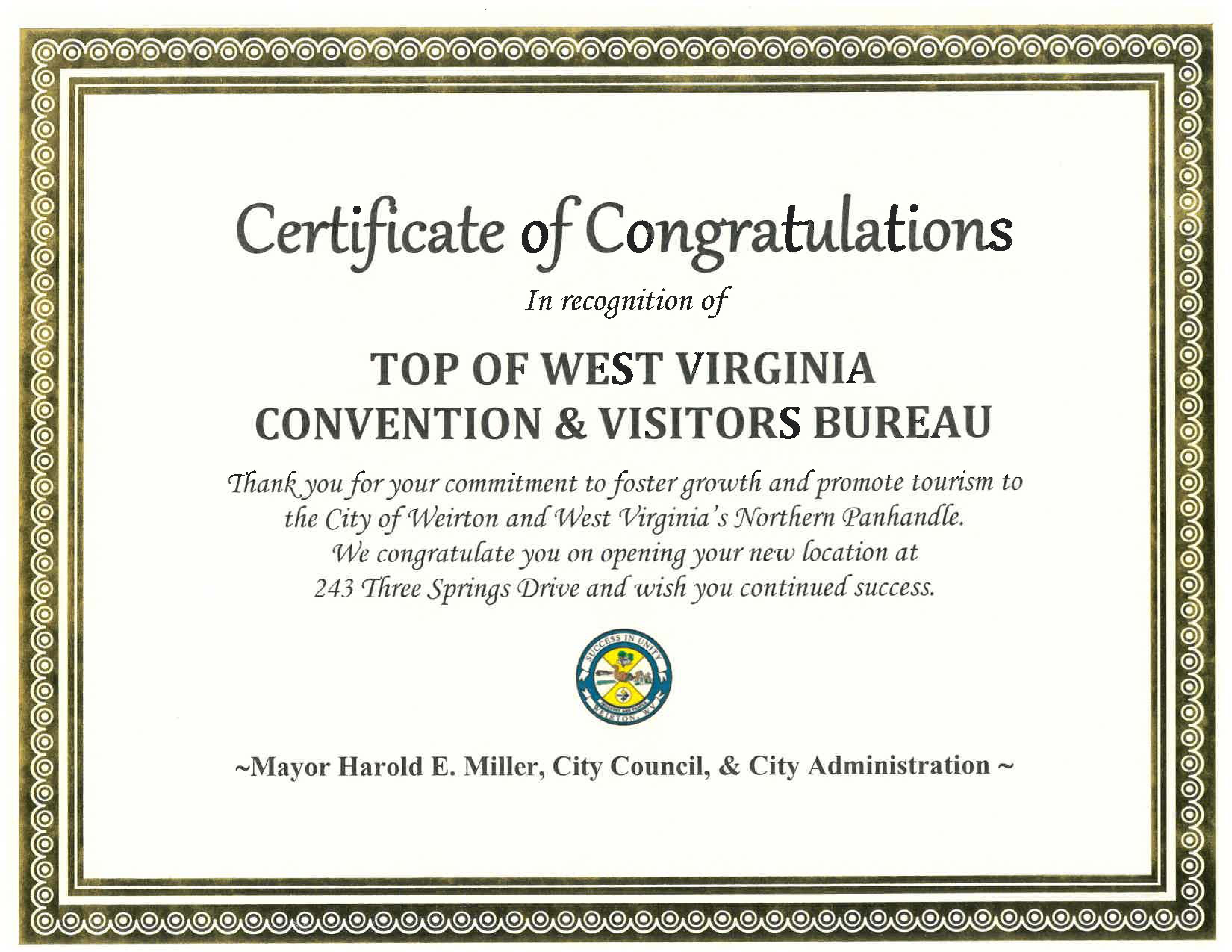 Top of WV CVB Certificate 2024