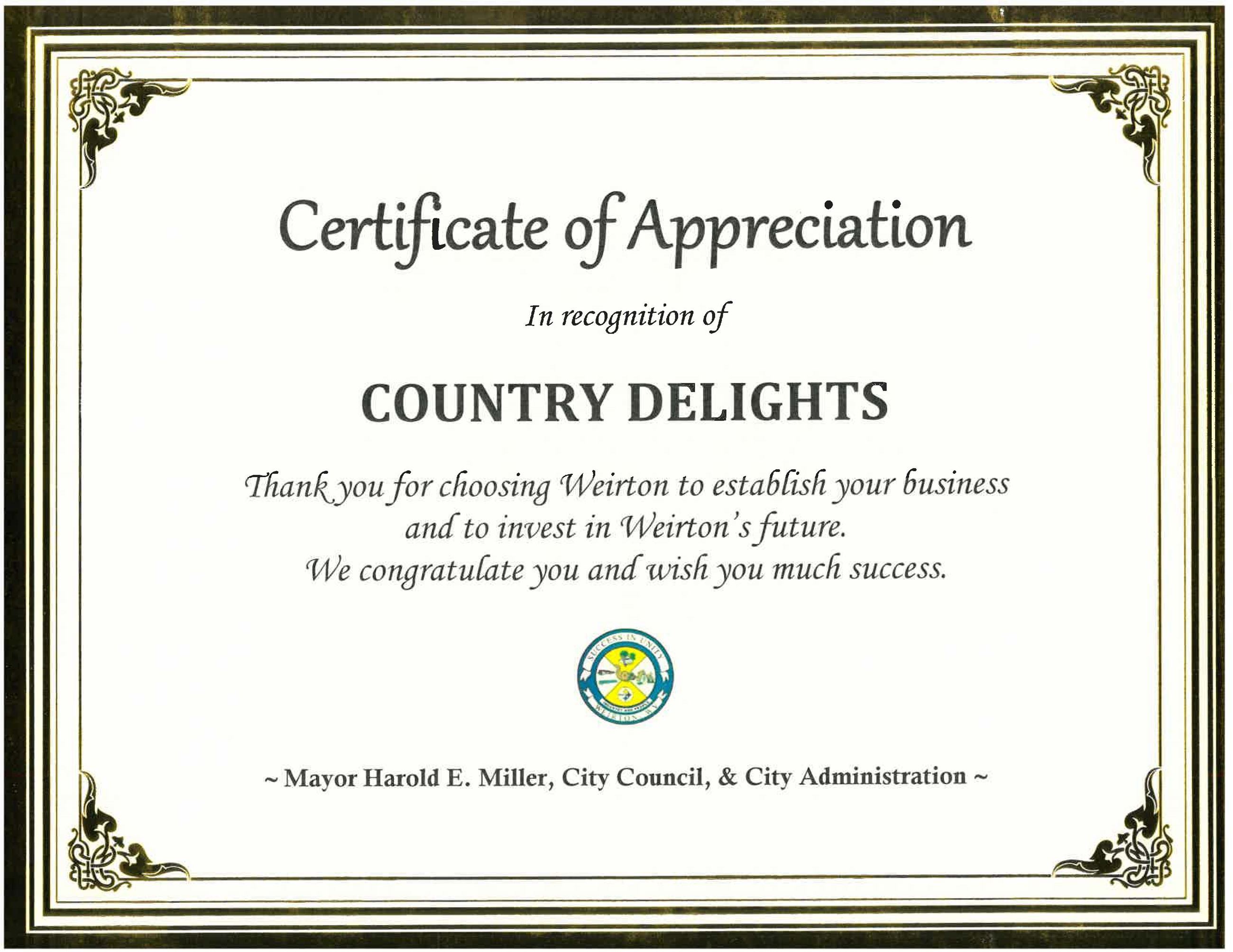 Country Delights Certificate 2024
