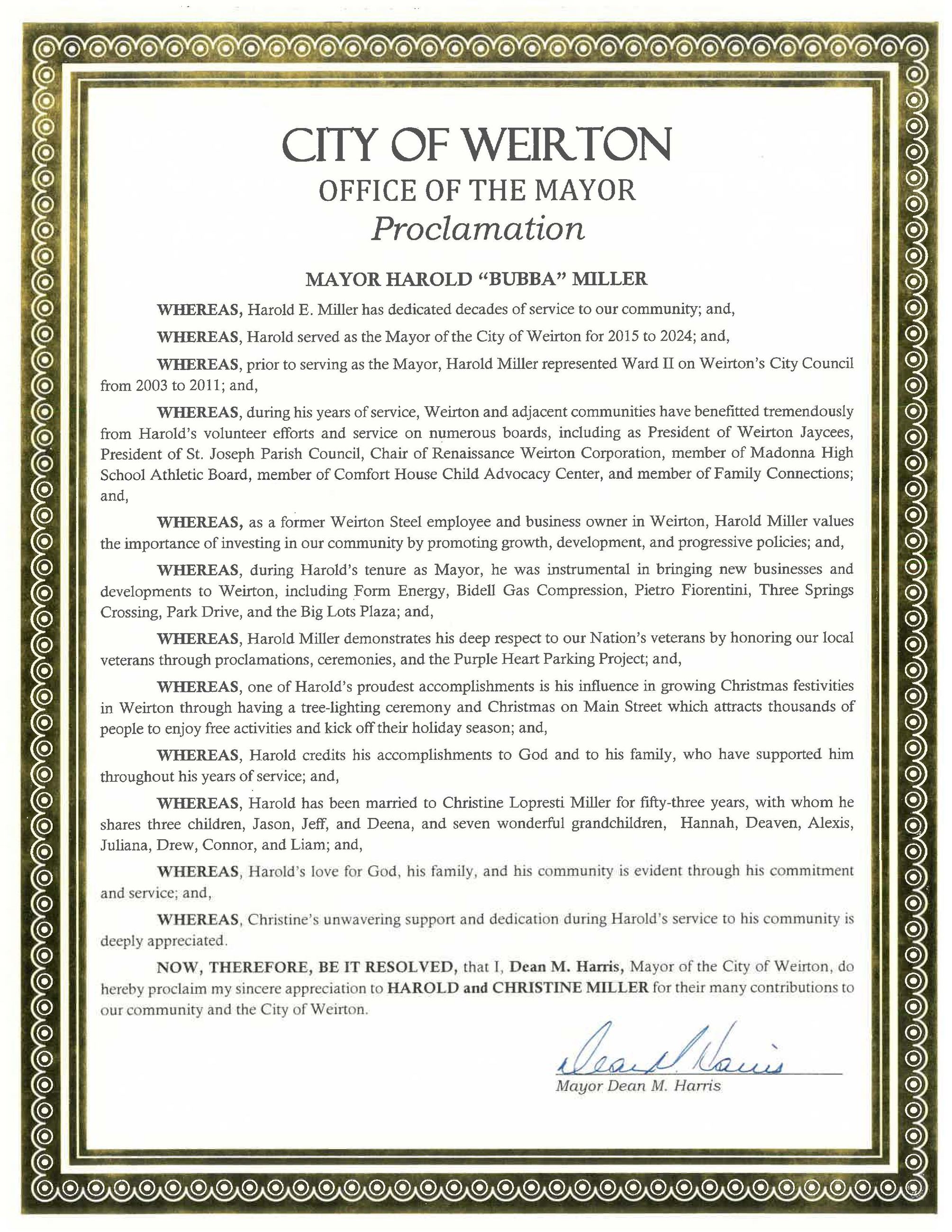 Mayor Harold Miller Proclamation 2025