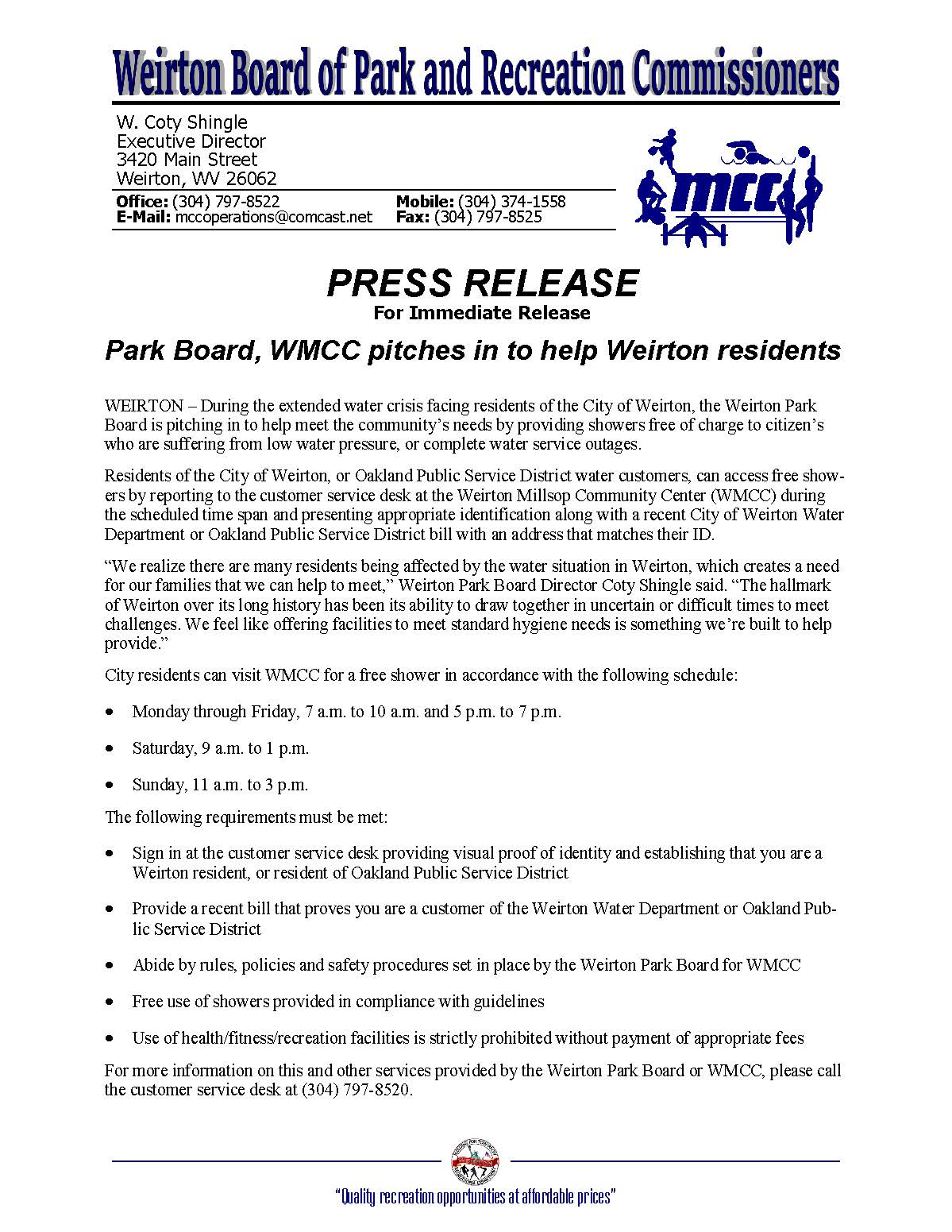 Press Release - WMCC offers free showers 1-27-25 - REVISED (002)