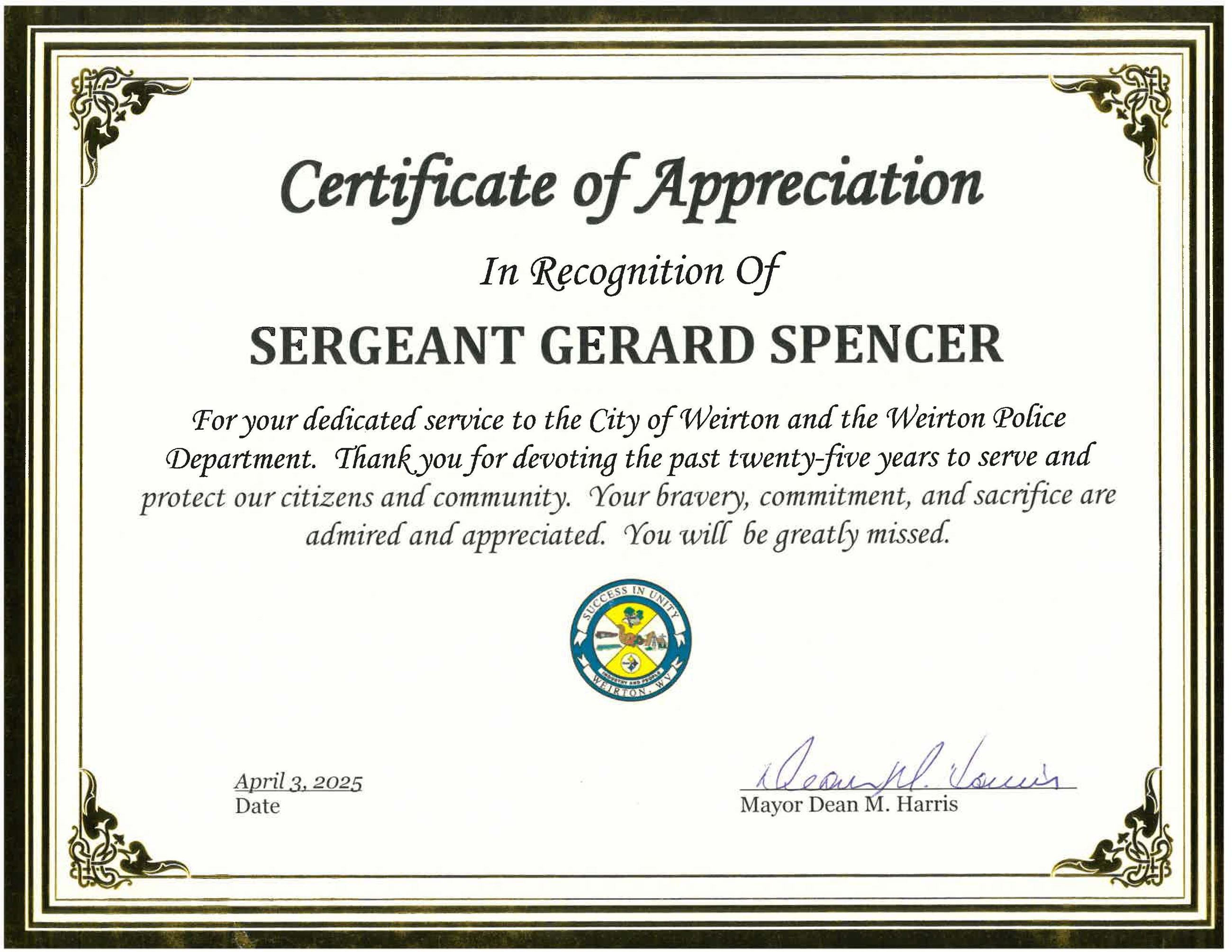 Certificate Sergeant Spencer Retirement 4-3-25