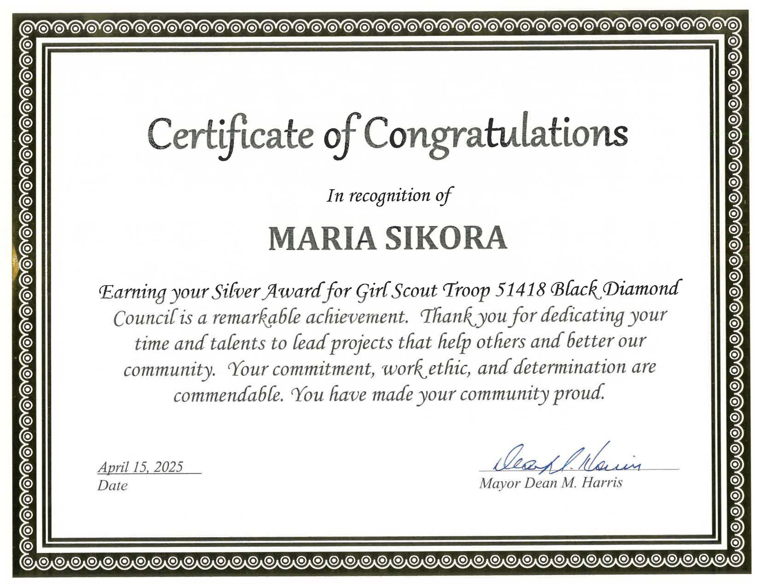 Certificate Maria Sikora Silver Award Girl Scouts 4-15-25