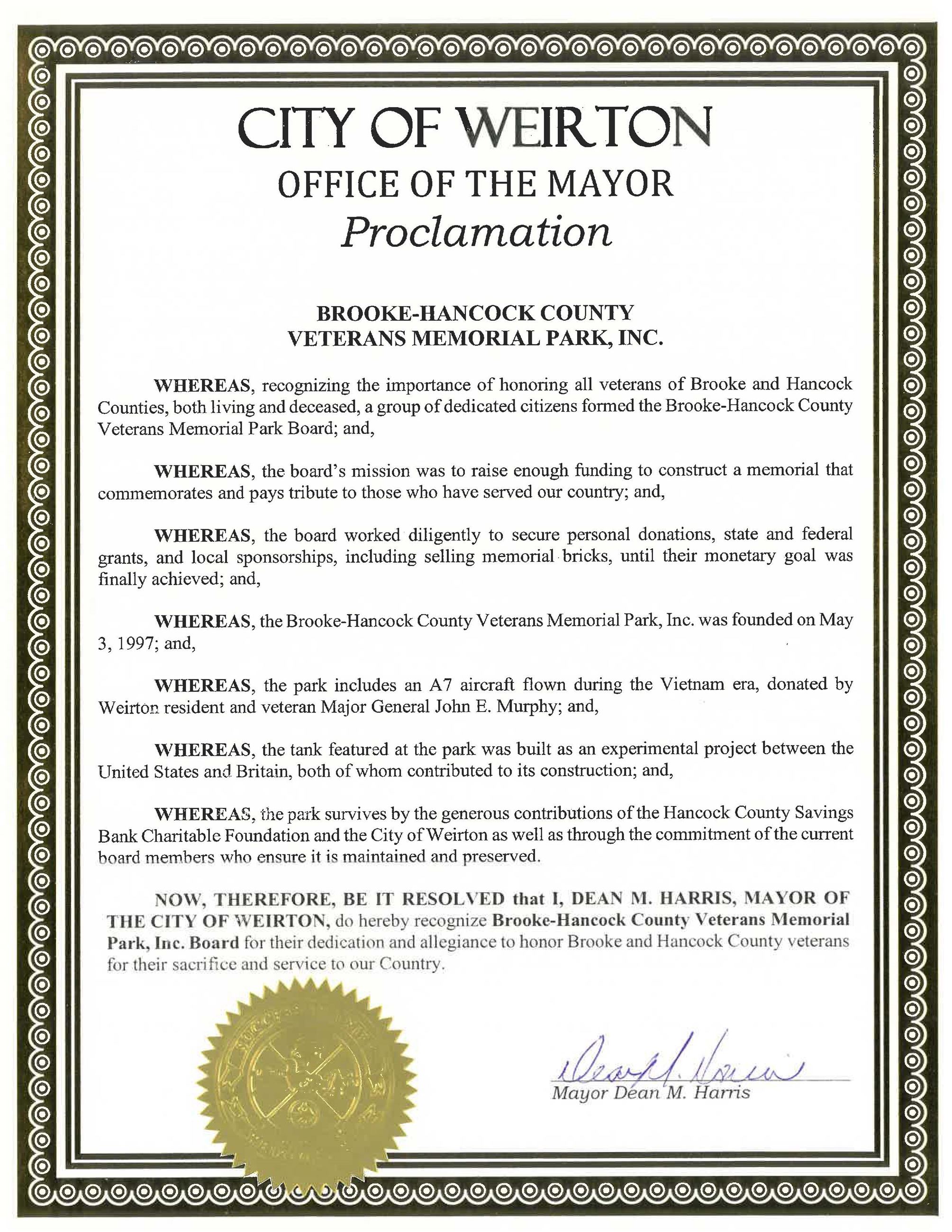 Proclamation Brooke Hancock Veterans Memorial Park