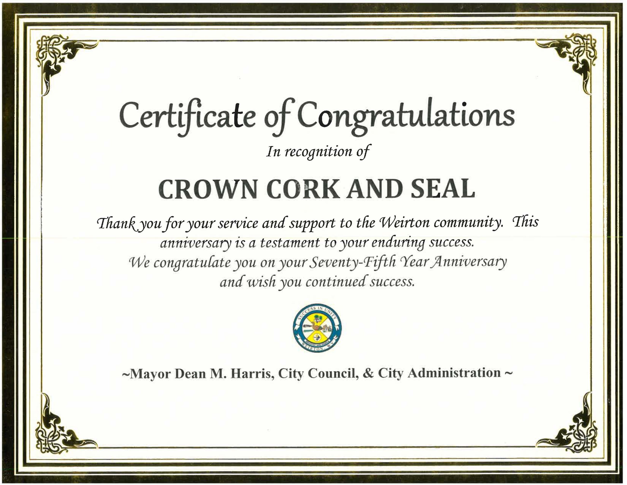 Crown Cork and Seal Certificate 2025