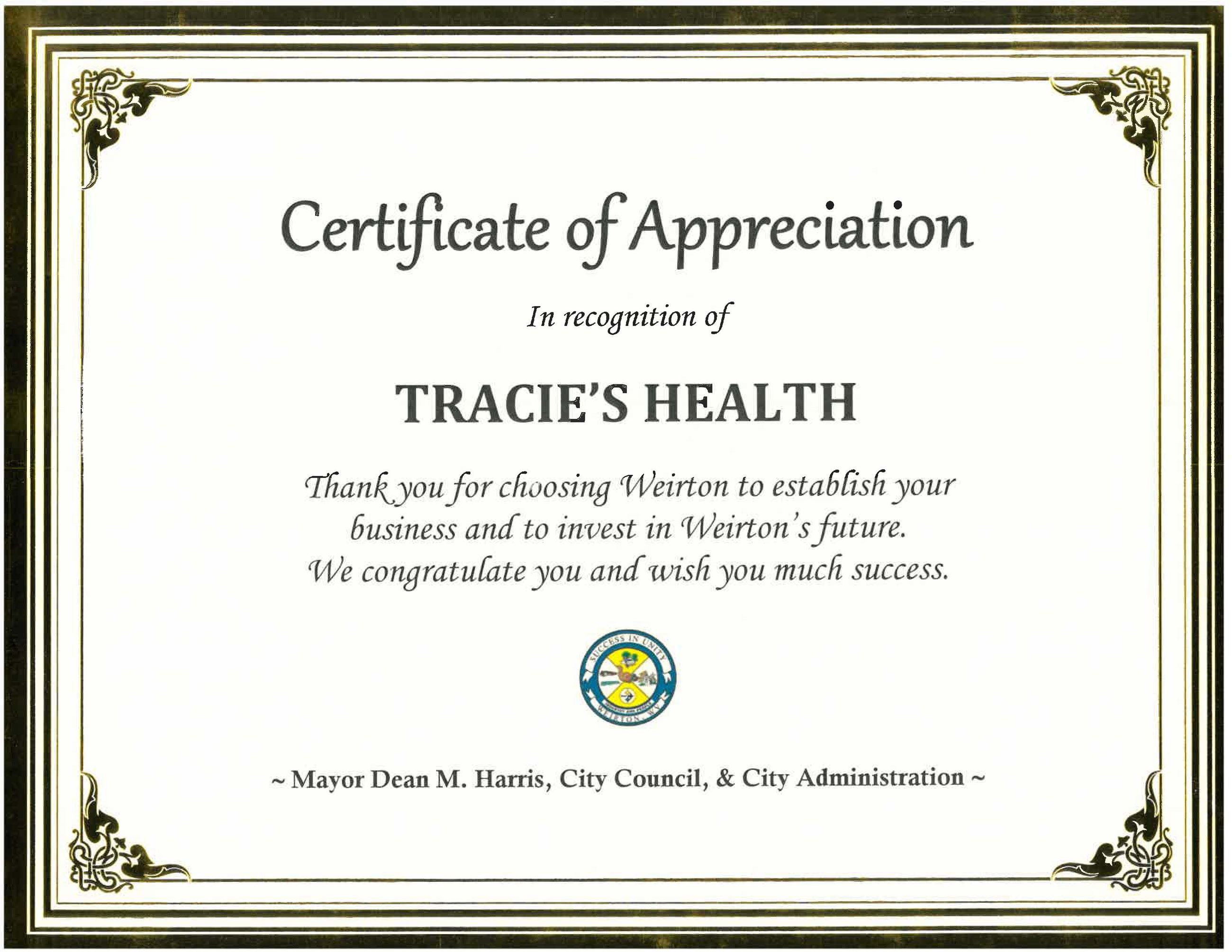 Tracies Health Certificate