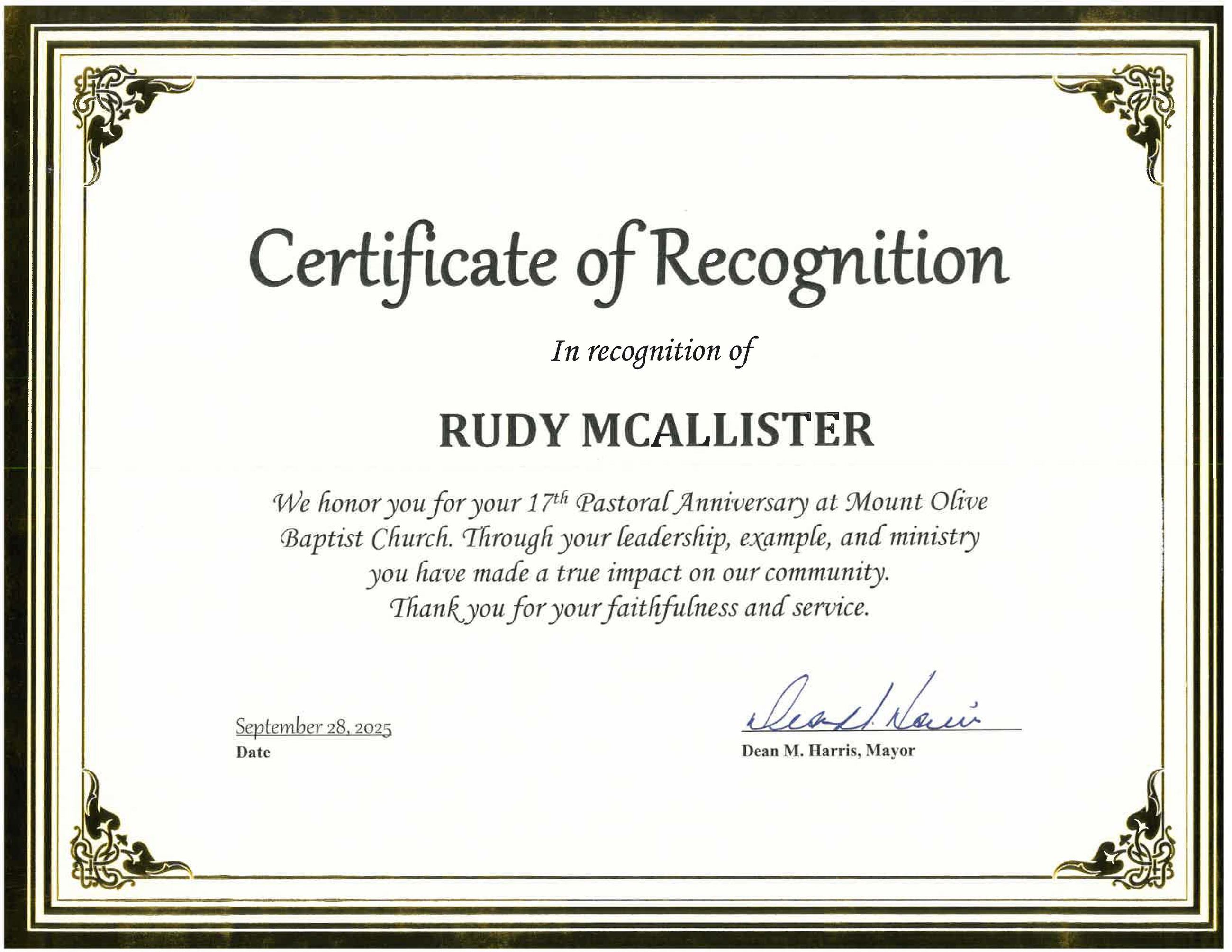 Rudy McAllister Certificate 17 Anniversary 2025