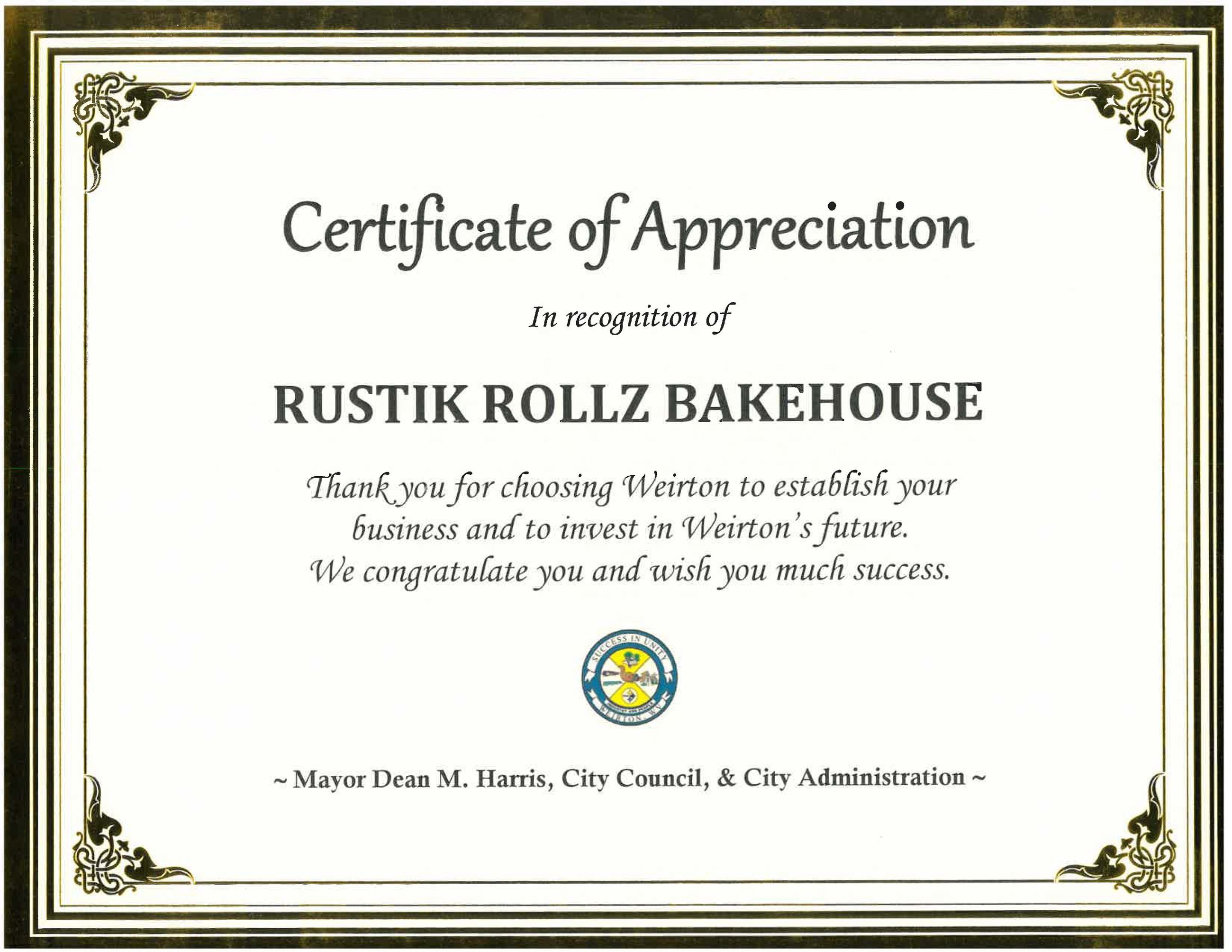 Rustik Rollz Bakehouse Certificate