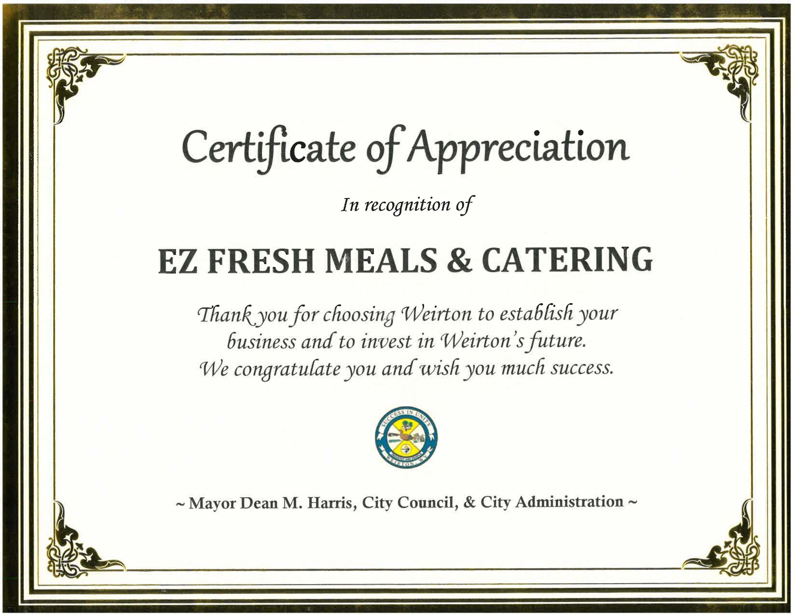 EZ Fresh Certificate