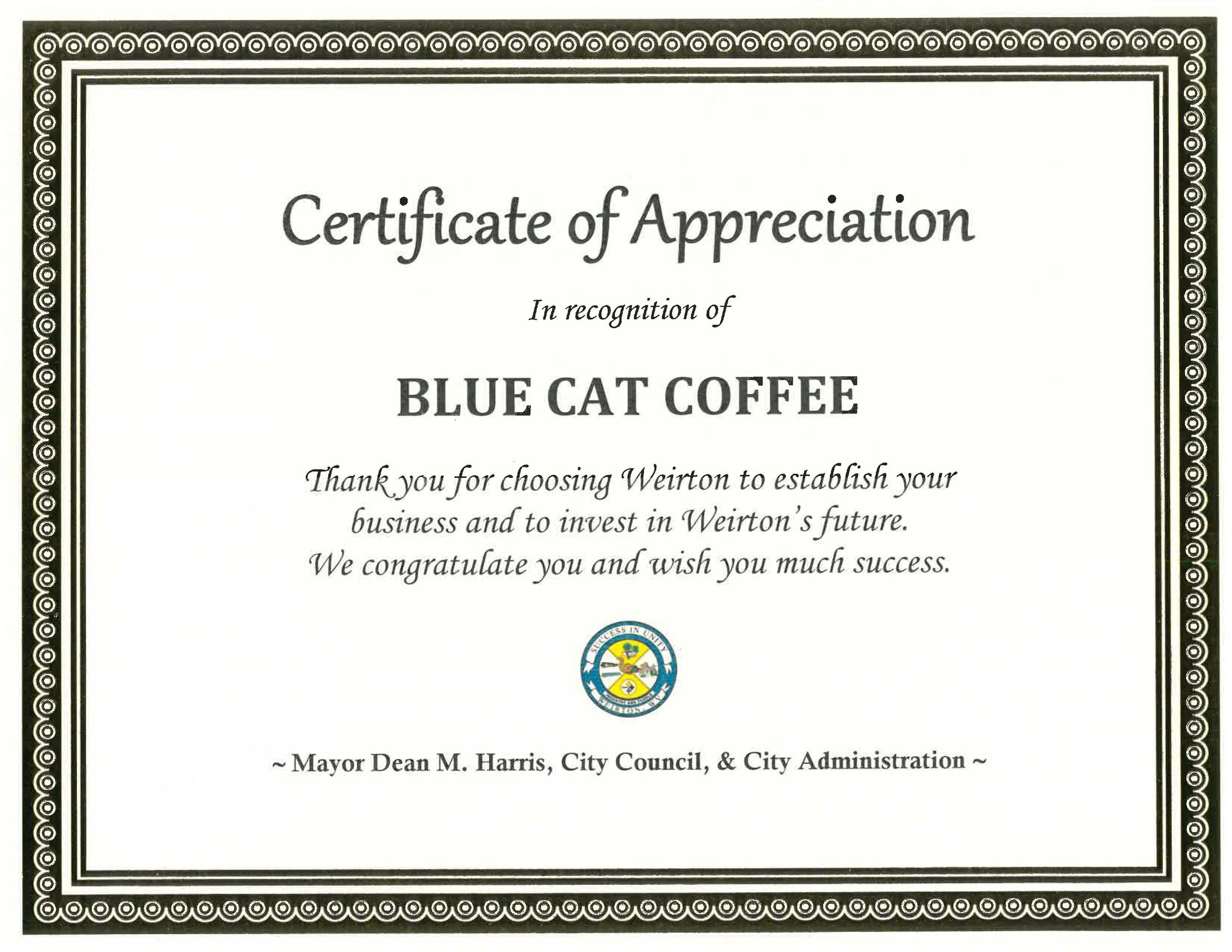 Blue Cat Coffee Certificate 2026